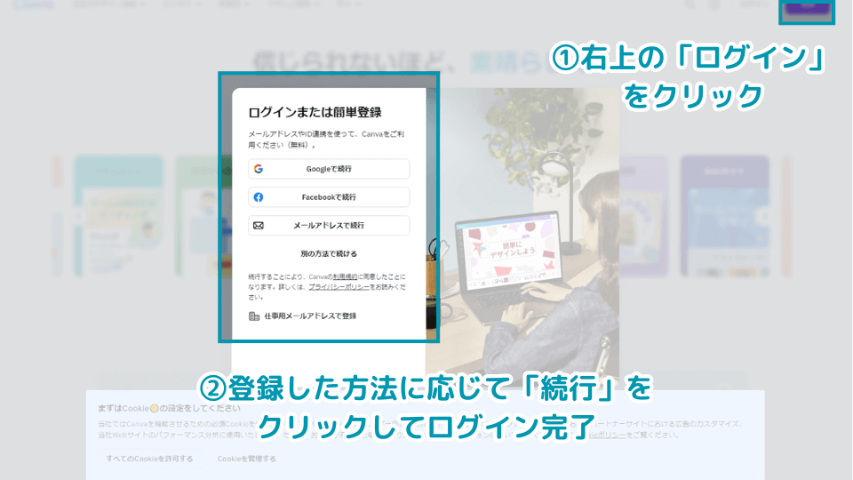 画面右上に表示されている「ログイン」をクリックして登録方法に応じたログインに進む