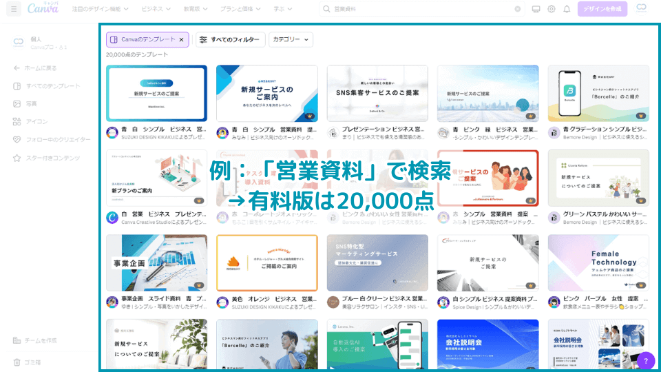 有料版のテンプレート検索結果例