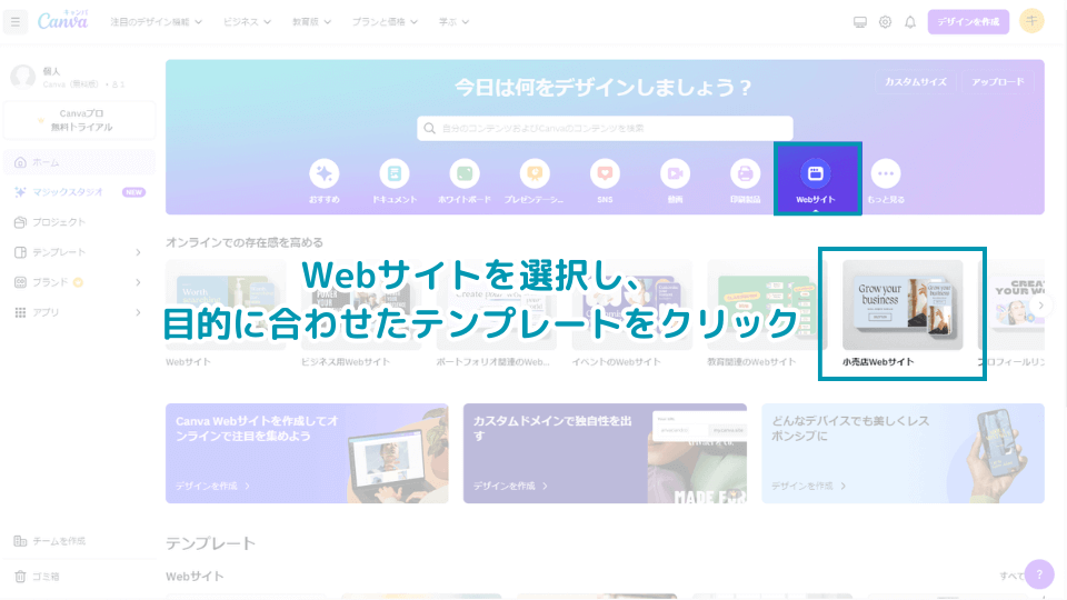 1. Webサイトを選択し、目的に合わせたテンプレートをクリック