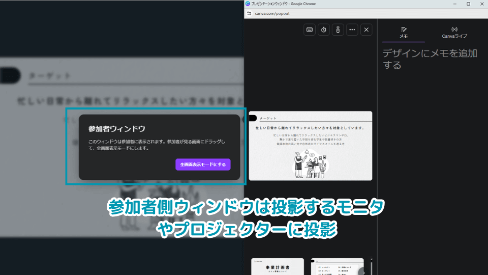 TEP 参加者側ウィンドウは投影するモニタやプロジェクターに投影