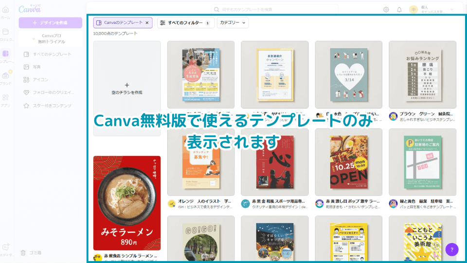 Canva無料版で使えるテンプレートのみ表示されます