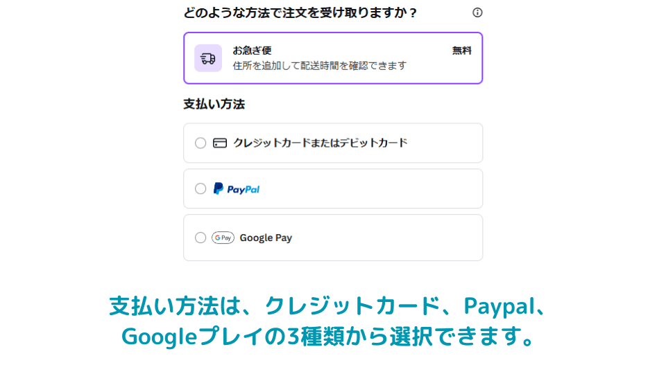 P 支払い方法は、クレジットカード、Paypal、Googleプレイの3種類から選択できます