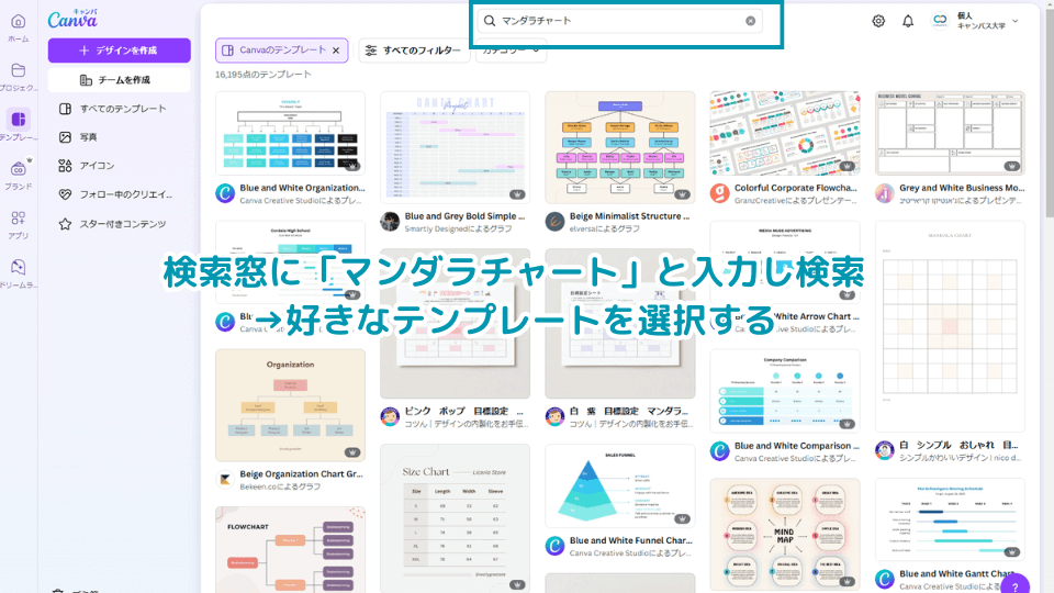 検索窓に「マンダラチャート」と入力し検索→好きなテンプレートを選択する