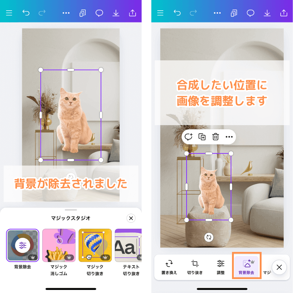 背景を除去し、合成したい位置、サイズに画像を調整します