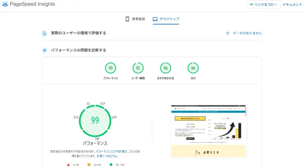 実際に評価ツールを使用して、SWELLを使用している当サイトをチェックしてみた
