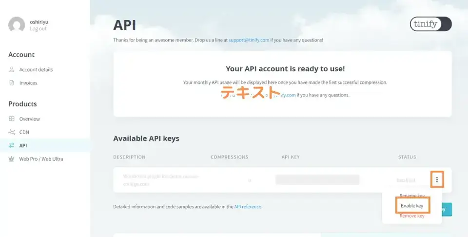 
API設定画面が表示されますので、「Available API keys」の右側に表示されている「縦三点ボタン」→「Enable key」をクリック